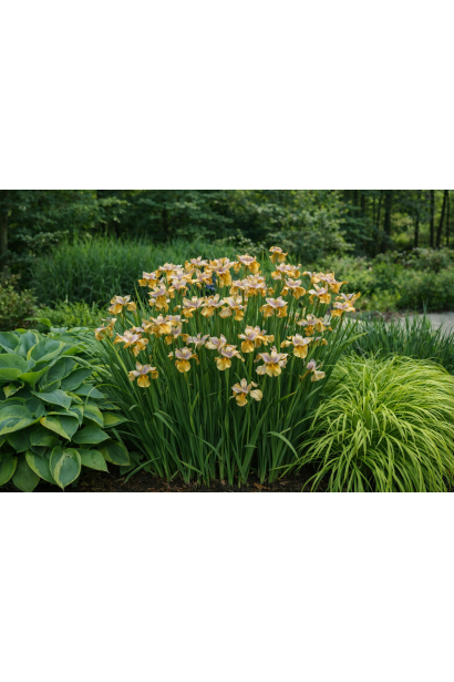Ірис Полковник Мастард в композиції з багаторічниками